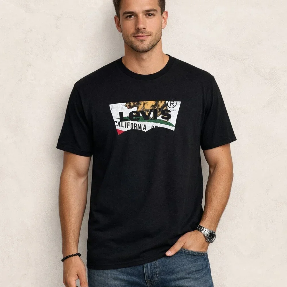 Levi's Men's Large‎ L Black California Flag Bear Logo Cotton Graphic Tee T-Shirt
